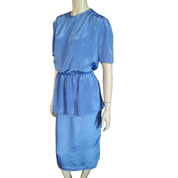 Vintage 80s Day Dress size Large Union Made Peplum Midi Elastic Waist - Picture 3 of 11